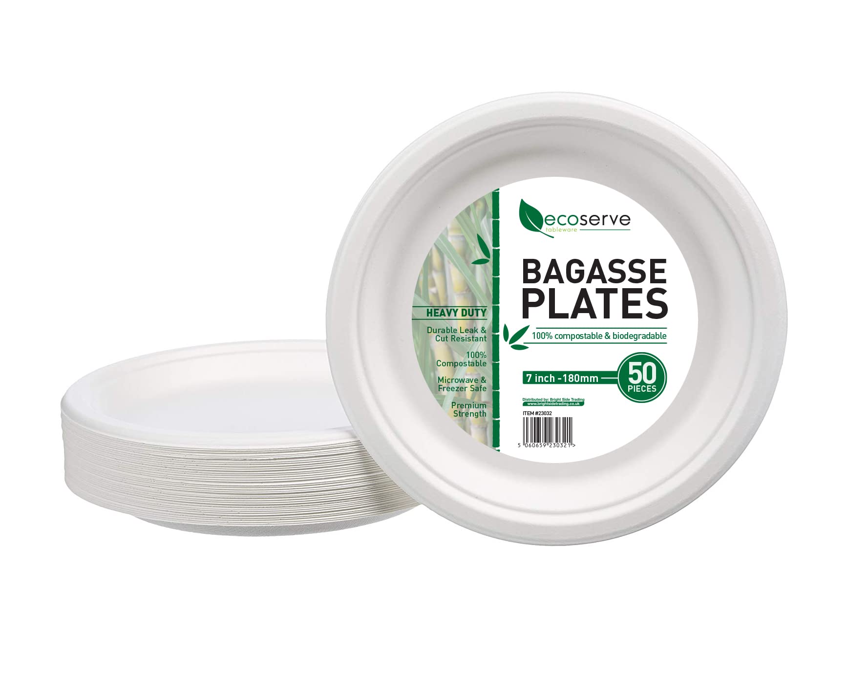 ecoserve tableware 50 Paper Plates White Bagasse Plates 7 Inch - Eco-Friendly Biodegradable and Compostable Perfect for Picnics BBQs and Parties