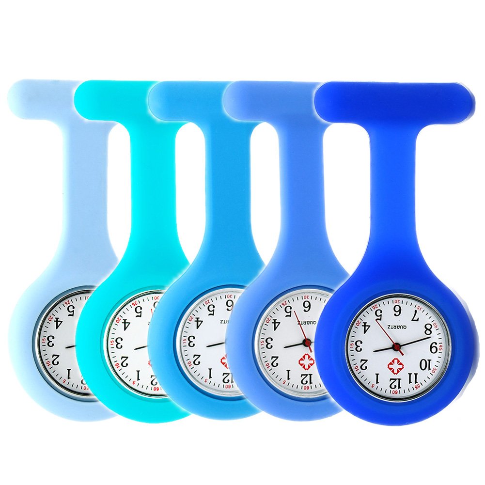 SibyTech 5 PCS Nurse Watch Brooch, Silicone Pocket Nurses Fob Watch with Pin/Clip, Health Care Nurse Doctor Paramedic Medical Brooch Watch - White to Blue