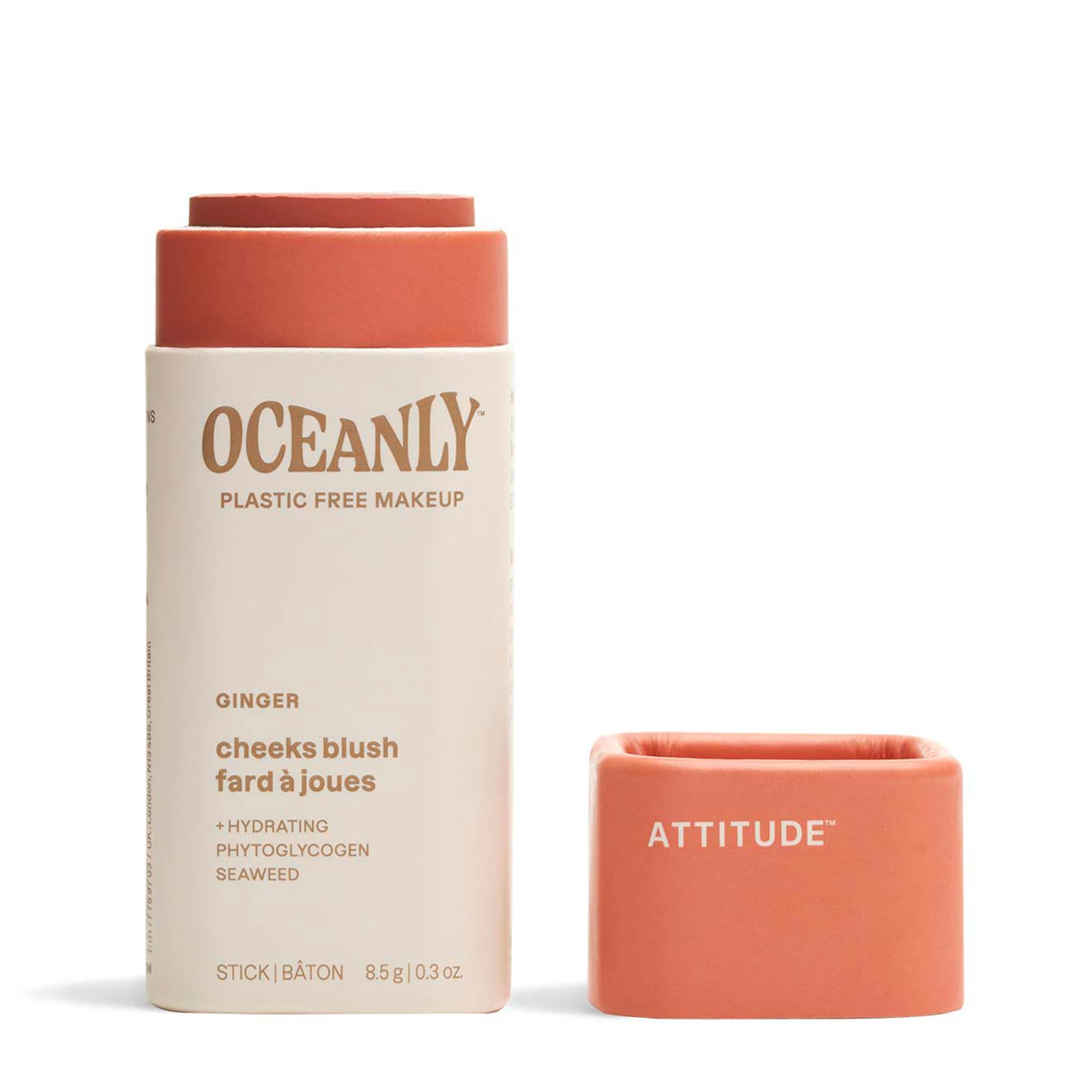 ATTITUDE Oceanly Plastic-Free Lightweight Blush Stick, Titanium Dioxide-Free, EWG Verified, Vegan Makeup, Ginger, 8.5 grams