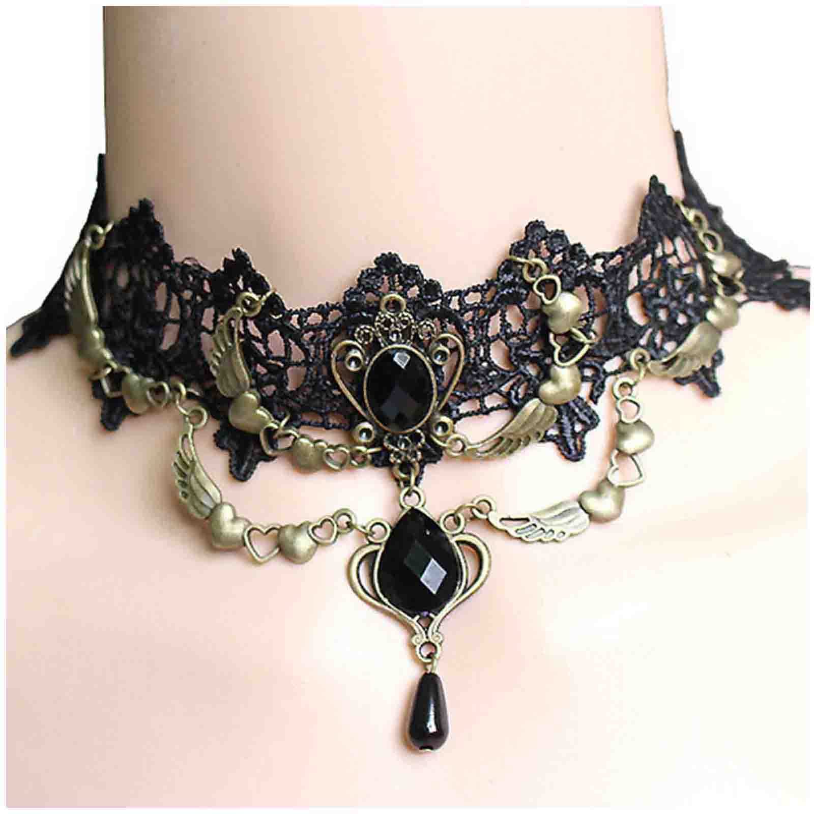Cimenexe Gothic Black Teardrop Crystal Choker Necklace Black Love Heart Necklace Layered Waterdrop Rhinestone Pendant Necklace Choker Vintage Black Lace Necklace Jewelry for Woman and Girls Halloween