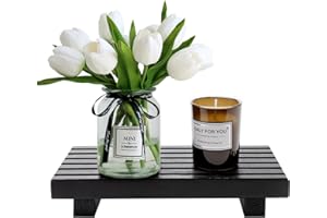 RENAWE Small Bathroom Counter Organizer Tray Decorative Wood Display Pedestal Stand Kitchen Counter Soap Tray Wooden Risers for Bathroom Sink Accessories Vanity Black Bathroom Decor Dish Soap Holder