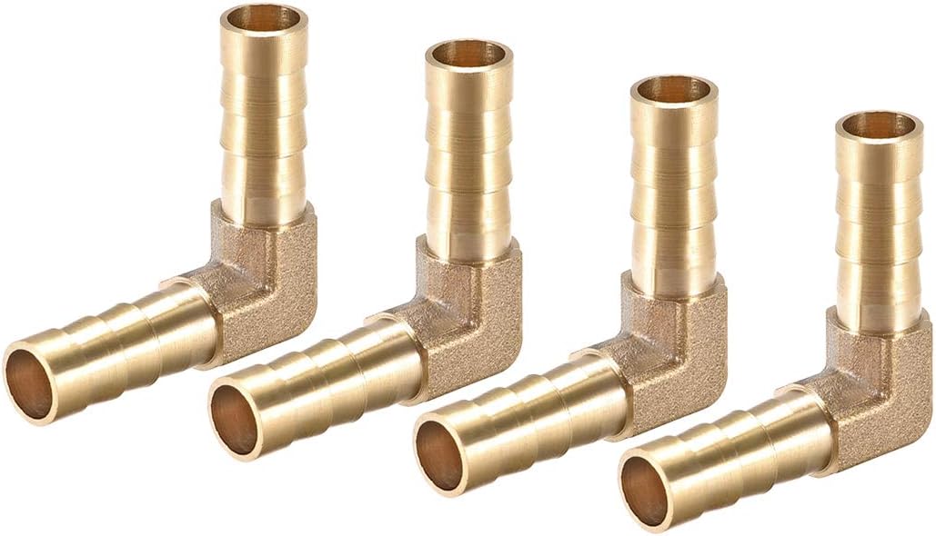 sourcing map 8mm Barb Brass Hose Fitting 90 Degree Elbow Pipe Connector Coupler Tubing 4pcs, Gold