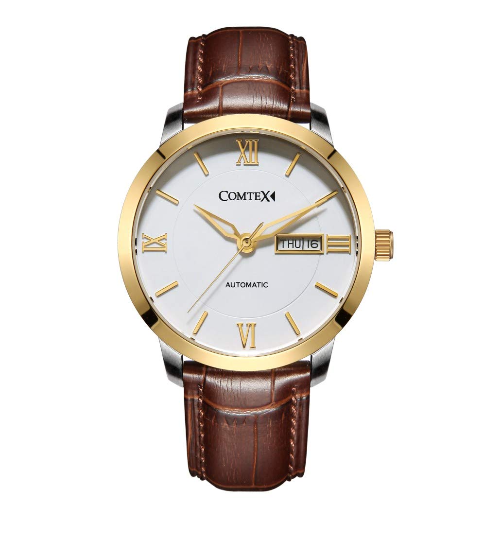 COMTEX Men's Automatic Watch Gold Tone Brown Leather Strap Fashion Watches (Gold) — image 1