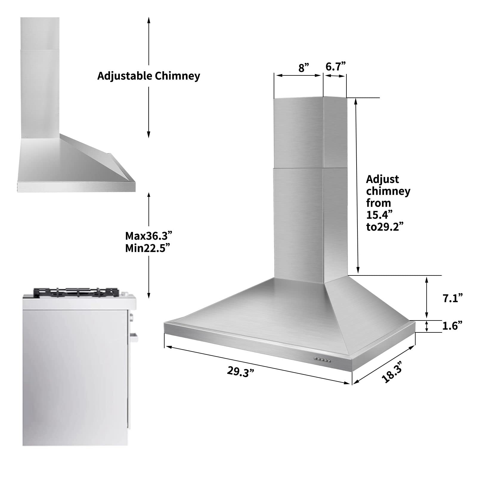 Range Hood, Range Hoods 30 inch Stainless Steel, 450 CFM Kitchen Hood with LED Light Baffle Filters, 3 Speed Exhaust Fan Vent Hood