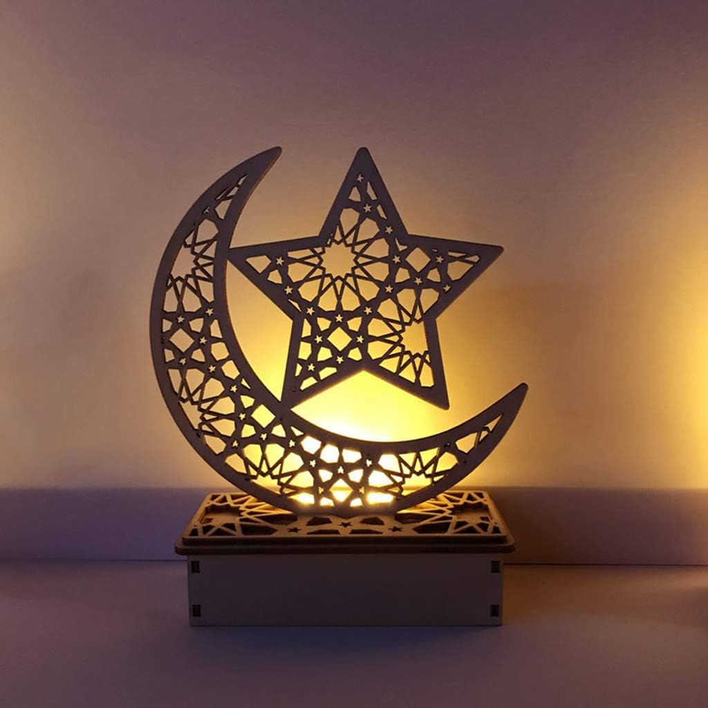 Huhudde New Wooden Ramadan Eid Mubarak Moon Star Islam Hanging Pendant Plate with LED String Lights Ornament Home Party Supplies DIY Gift