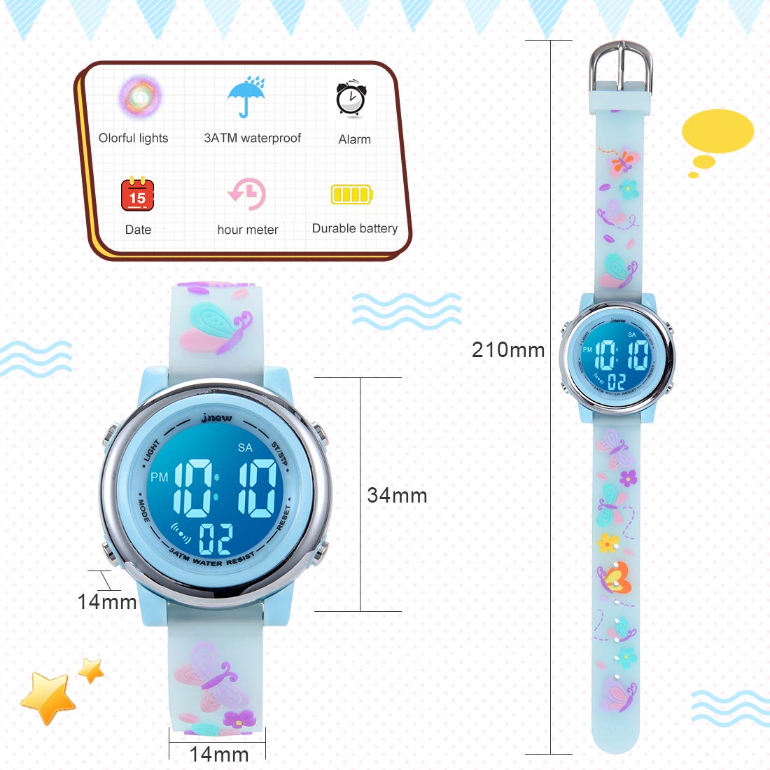 jianxiang Kids Digital Sport Watches for Girls Boys, Waterproof Outdoor LED Timer with 7 Colors Backlight 3D Cartoon Silicone Band Child Wristwatch