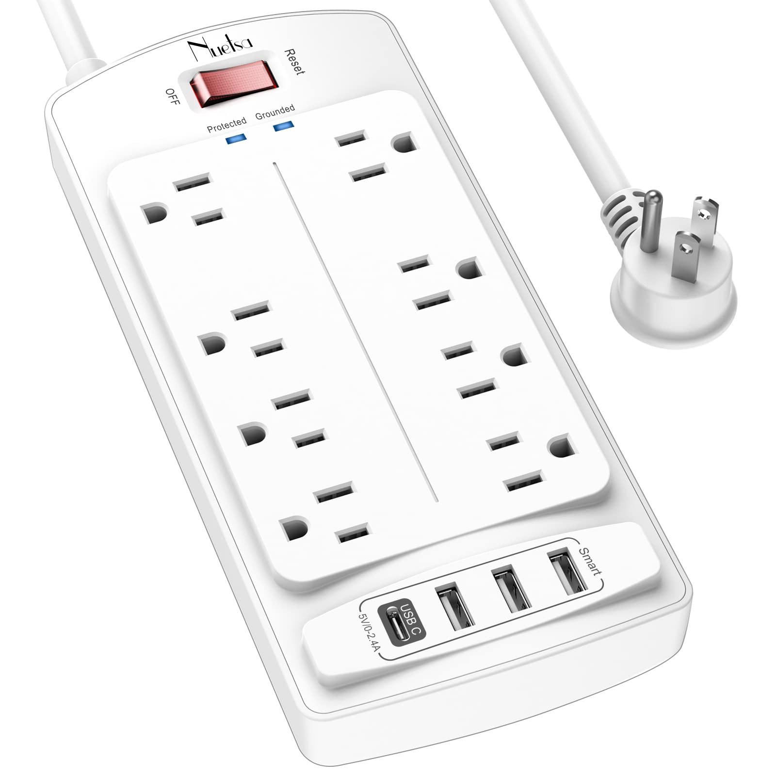 Photo 1 of 6FT Surge Protector Power Strip, Nuetsa Extension Cord with 8 Outlets and 4 USB Ports, 6 Feet Power Cord (1625W/13A), 2700 Joules, ETL Listed, White