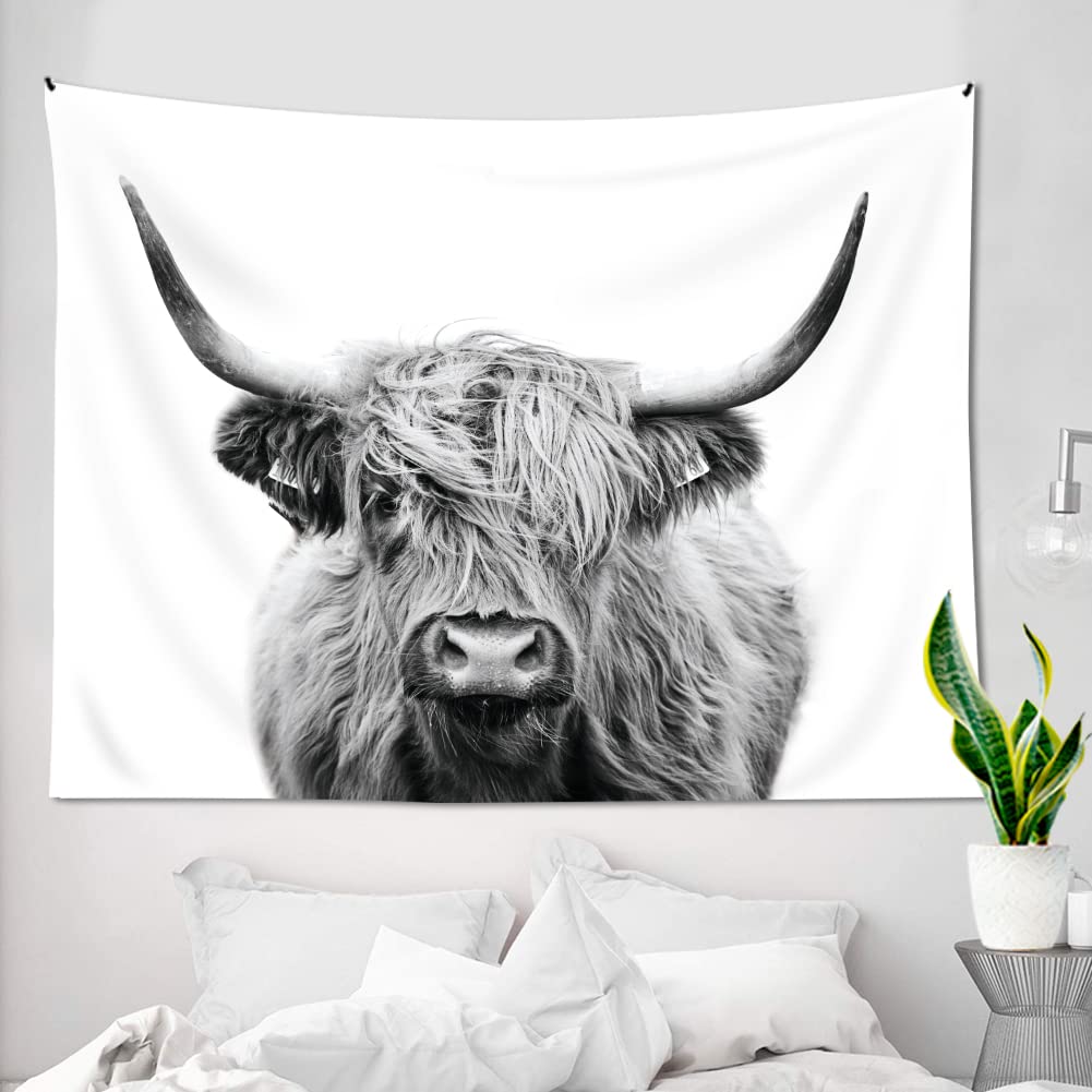 AMBZEK Highland Cow Tapestry 51Hx59W Inch Bull Western Portrait Cattle Farmhouse Animal Wildlife Funny Cute Sketch Milk Art Wall Hanging Bedroom Living Room Dorm Decor Fabric