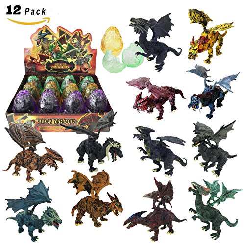 [12 Pack] Deluxe 3D Dragon Figures Realistic Dragon Figurine Puzzles in Hatching Eggs for Kids Toy Party Favors (5-Inch)