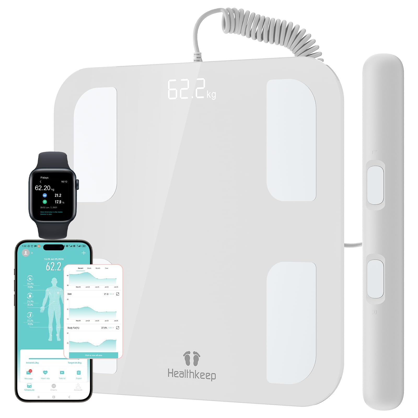 Healthkeep Scales for Body Weight and Fat with 8 Electrode Handles, Digital Smart Weight Scale - Bathroom Smart Weighing Machine with BMI Muscle Mass, Full Body 18 Composition Monitors on App, White