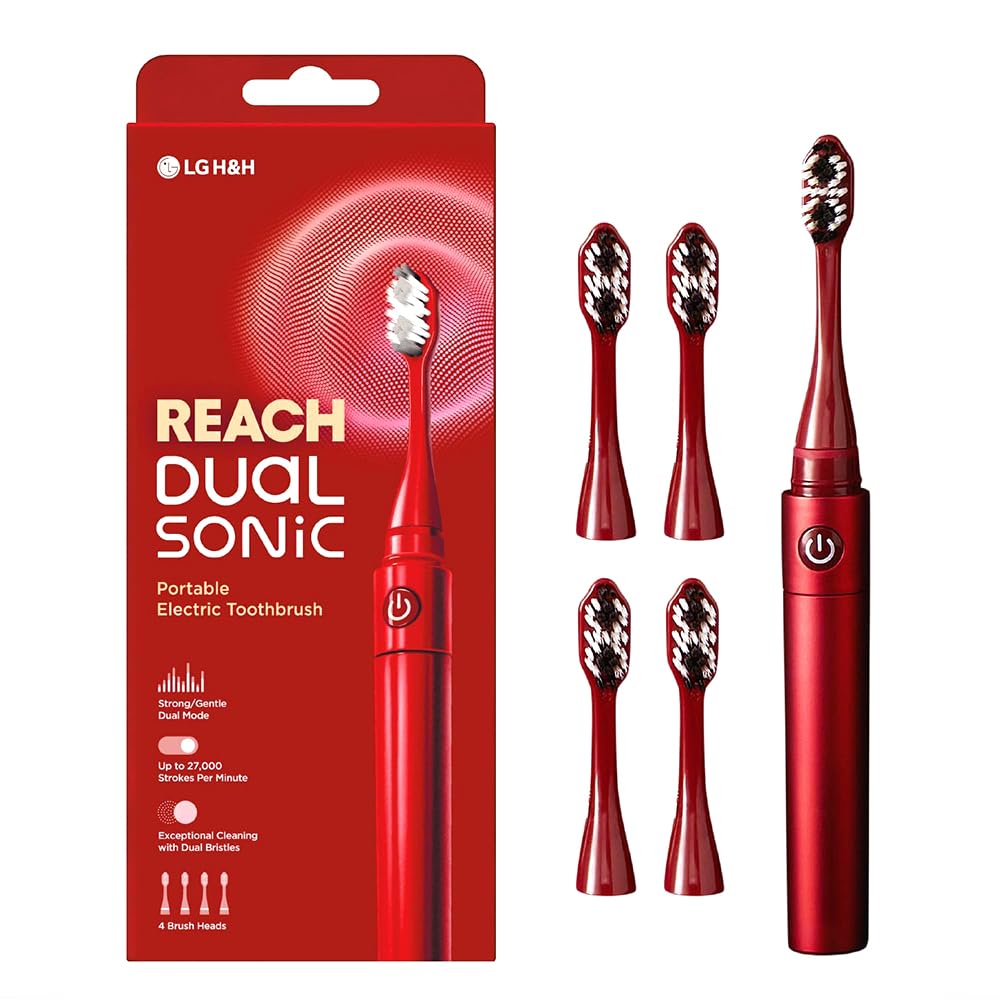 Reach Dual Sonic Electric Toothbrush, 1 Handle 4 Toothbrush Heads, 2 Brushing Modes Strong & Gentle, Portable Travel Toothbrushes Adults, 27000 VPM with AAA, up to 150 Hours Last, Red
