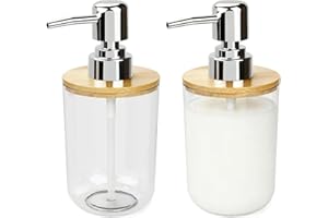 Sekonow 2 Pack Hand Soap Dispenser with Bamboo Lid, Clear Plastic Decorative Liquid Soap Pump Bottles, 10.5oz Refillable Loti