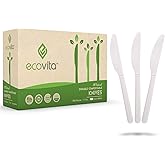 Ecovita 100% Compostable Knives - 500 Large Disposable Utensils (7 in.) Bulk Size Eco Friendly Durable and Heat Resistant Alternative to Plastic Knives with Convenient Tray