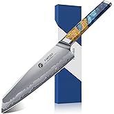 FINTISO Chef Knife 8 inch Kitchen Knife in S35VN Powder Steel Core Japanese Chef Knife, 7-Layers Clad Steel Cooking Knife Super Sharp Knife for Kitchen with Celestial Resin & Wood Handle Gift Box