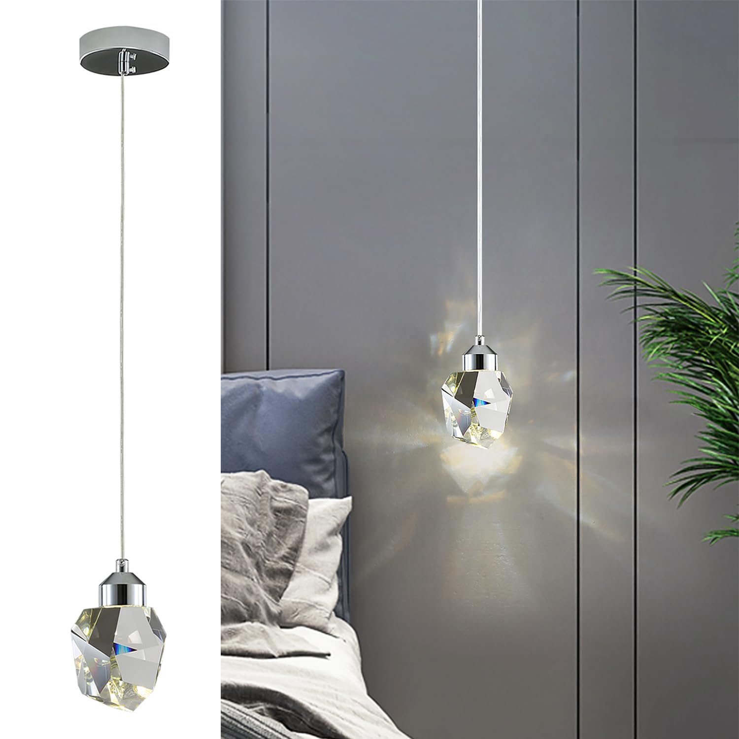Photo 1 of Modern Crystal Pendant Light, 3-Color LED Crystal Pendant Light, Adjustable Height Silver Ceiling Hanging Pendant Lamp, for Bedroom Dining Room Kitchen Island Decor Lighting (Silver)