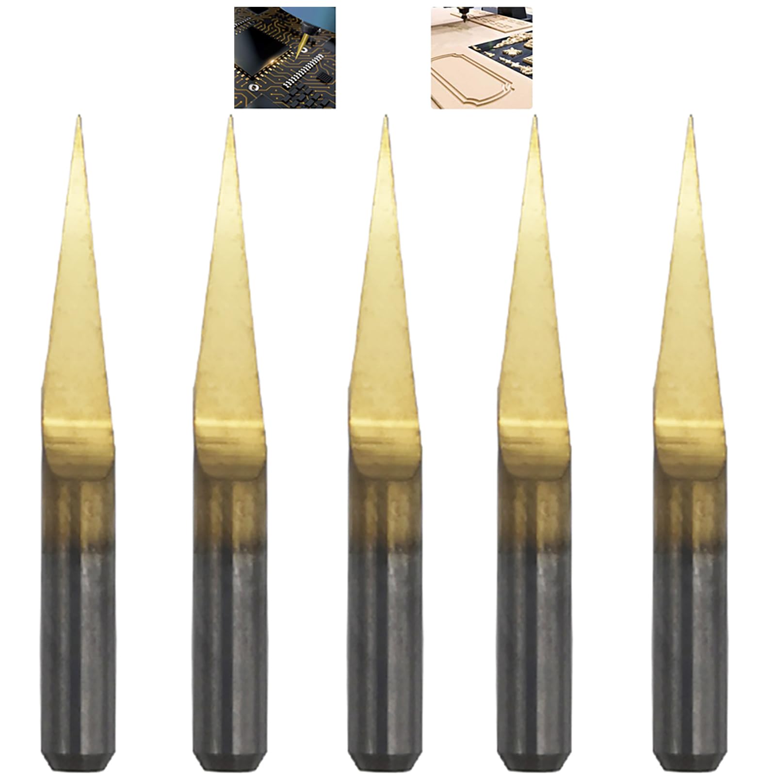 CESFONJER 5 Pcs Titanium Coat Engraving Bits, Carbide PCB Engraving Bits, 3.175mm Engraving CNC Bit Router Carving Tool 10 Degree Tip 0.1mm — image 1