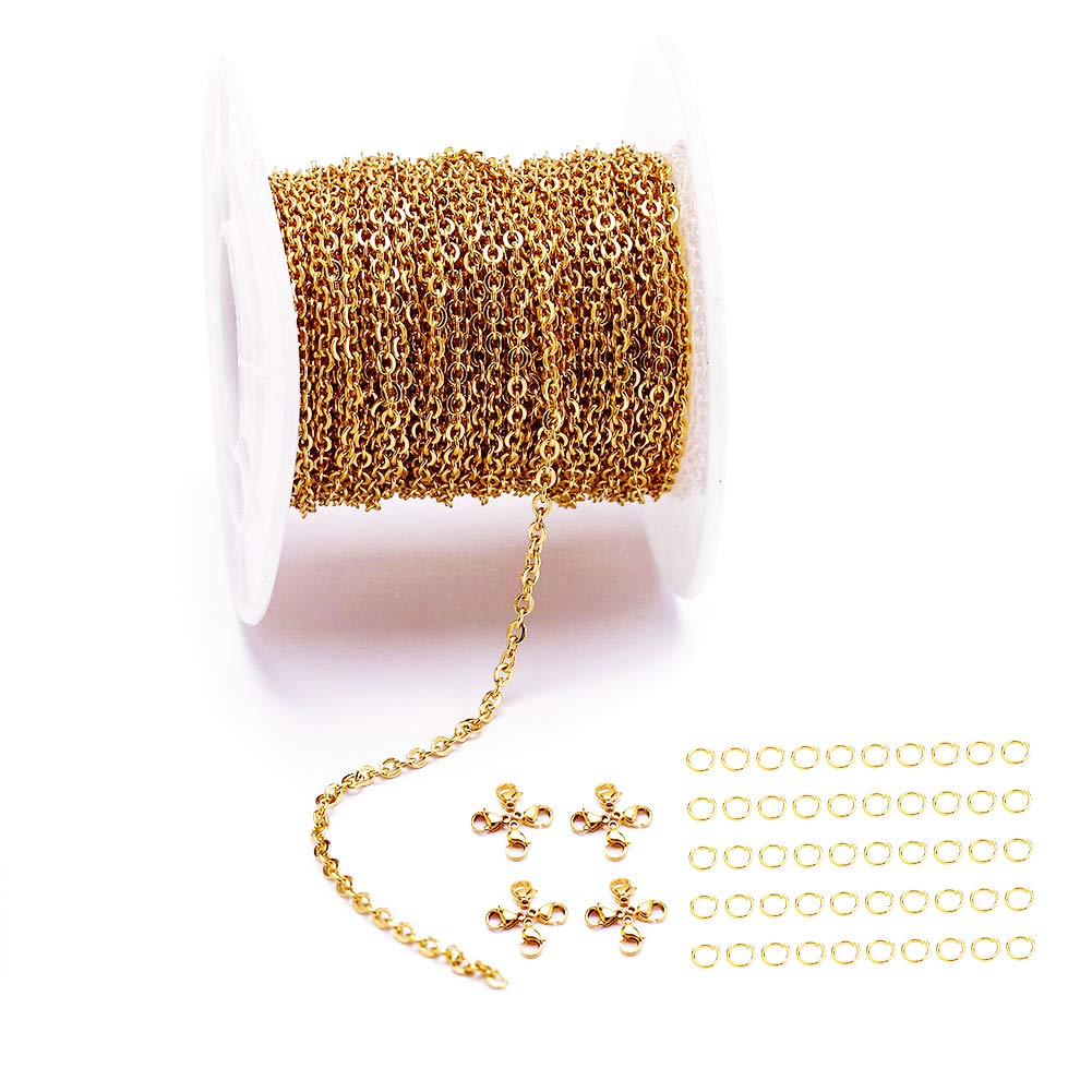 33 Feet Stainless Steel Flat Cross Chains Link Spool Bulk with 20 Lobster Clasps and 50 Jump Rings for Pendant Necklace Jewelry DIY Making (Chain Width 1mm+20pcs Clasps+50 Rings, Gold)