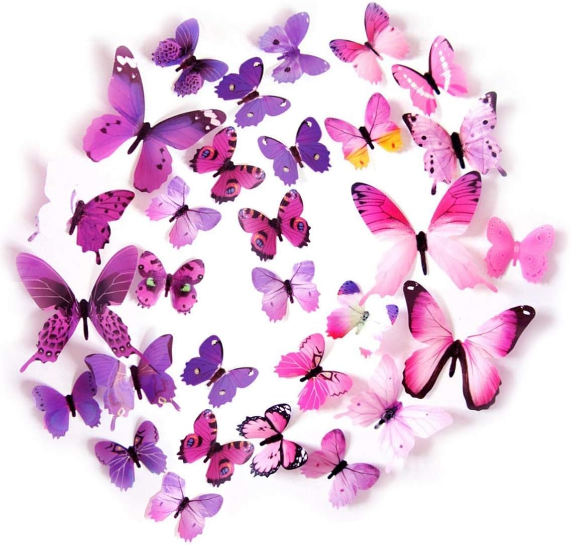 Epy Huts Kids' Wall Sticker Art Decor 3D Lively Butterflies DIY Art Wedding Decor Crafts 48 Pcs,24 Purple,24 Pink