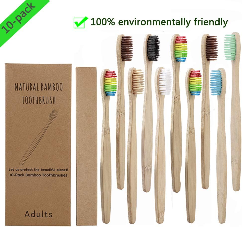 10 Pcs Bamboo Toothbrushes Medium Soft Bristles Wood Toothbrush Biodegradable Reusable Bamboo Wooden Toothbrushes Organic Natural BPA Free Bristles Eco-Friendly Vegan Green Toothbrushes