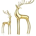 Sziqiqi Reindeer Figurine Statues Deluxe Set of 2, Christmas Deer Pure Copper Heavy Reindeer Ornaments for Home Decor Accents Living Room Office Bookself Tabletop Mantle Christmas Decoration, Gold