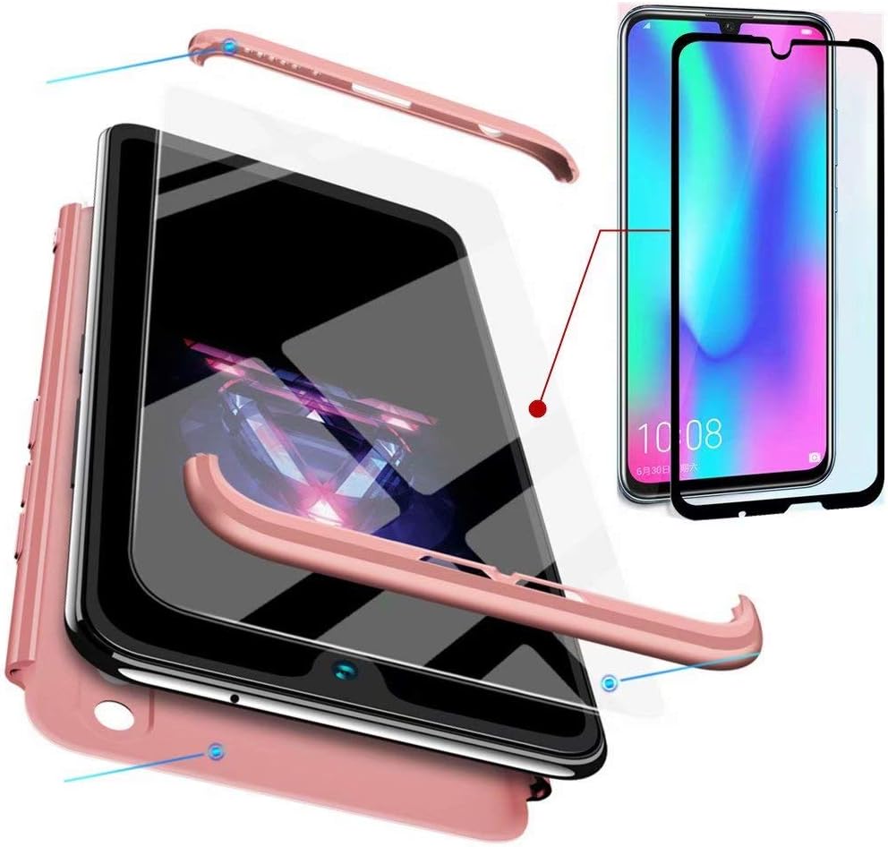 AILZH 360 degree cover compatible with Huawei honor 10 lite phone case+Tempered glass film PC Hard Shell Anti-Shock cover Shockproof Full Body Anti-Scratch Bumper Matte Protection(rose)