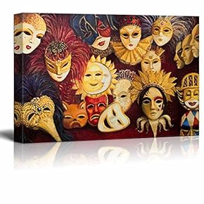 Colorful Ornate Traditional Venetian Masks in Oil Painting...