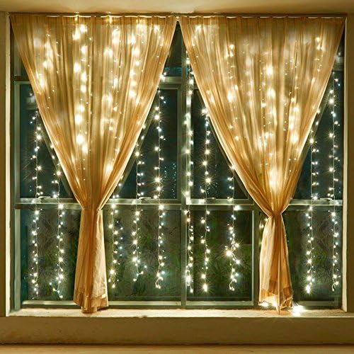 DLPIN Safe Low Voltage 24V 300LED with ETL Plug Window Curtain Lights 8 Modes for Wedding Party Garden Home 9.8FT - Warm White