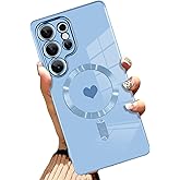 AIGOMARA Magnetic Case Made for Samsung Galaxy S25 Ultra [Wireless Charging Compatible] Heart Design Soft TPU Electroplated Phone Cover Anti-Scratch Shockproof Slim Case for Women - Blue