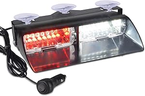 12V Law Enforcement Emergency Car Strobe Lights, Linkitom 16 LED Hazard Warning Beacon Lights for Vehicle Interior Roof/Dashboard/Visor/Front Windshield with Suction (Red&White)