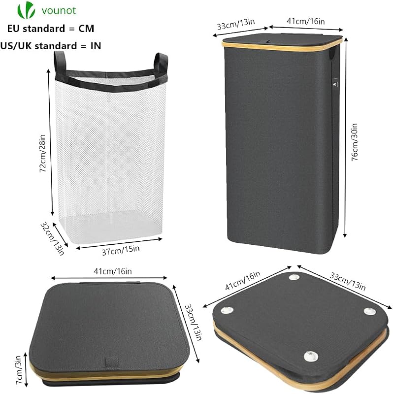 ® Cesto Portabiancheria 100L con Ruote, Cesta Biancheria Sporca con Coperchio e Manici in Bambù, Porta Biancheria Pieghevole Cesta Panni Sporchi per Bagno o Lavanderia Vestiti, Grigio