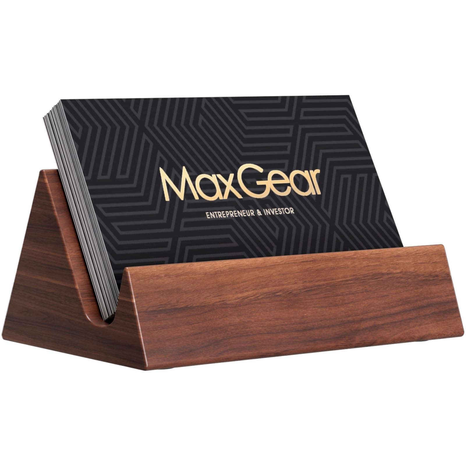 Photo 1 of MaxGear Walnut Wood Desk Business Card Holder, Elegant Wooden Display Stand for Office and Home, Stylish Mountain Design Desktop Organizer for Business Cards