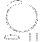 ElegGlo Ladies' Rhinestone Crystal Jewelry Set, Tennis Design Rhinestone Necklace Bracelet Teardrop Earrings Jewelry Set, Wedding Bride Party Clothing Accessories