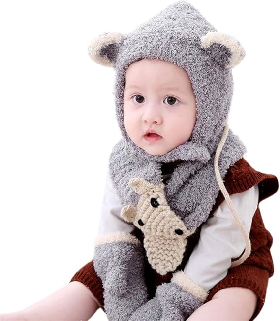 Amazon Co Jp Goenn 幼児の赤ちゃんの女の子の男の子は 秋冬かわいいキツネかぎ針編みの帽子キャップスカーフ手袋セット グレー 服 ファッション小物