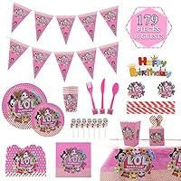 179 Pack LOL Party Supplies Set Serves 16，LOL Birthday Favors Packs Including Flatware，Spoons, Plates, tablecloth，Cups，Straws，Napkins，invitation cards，Cake Topper，Popcorn bucket，Candy box，Banner