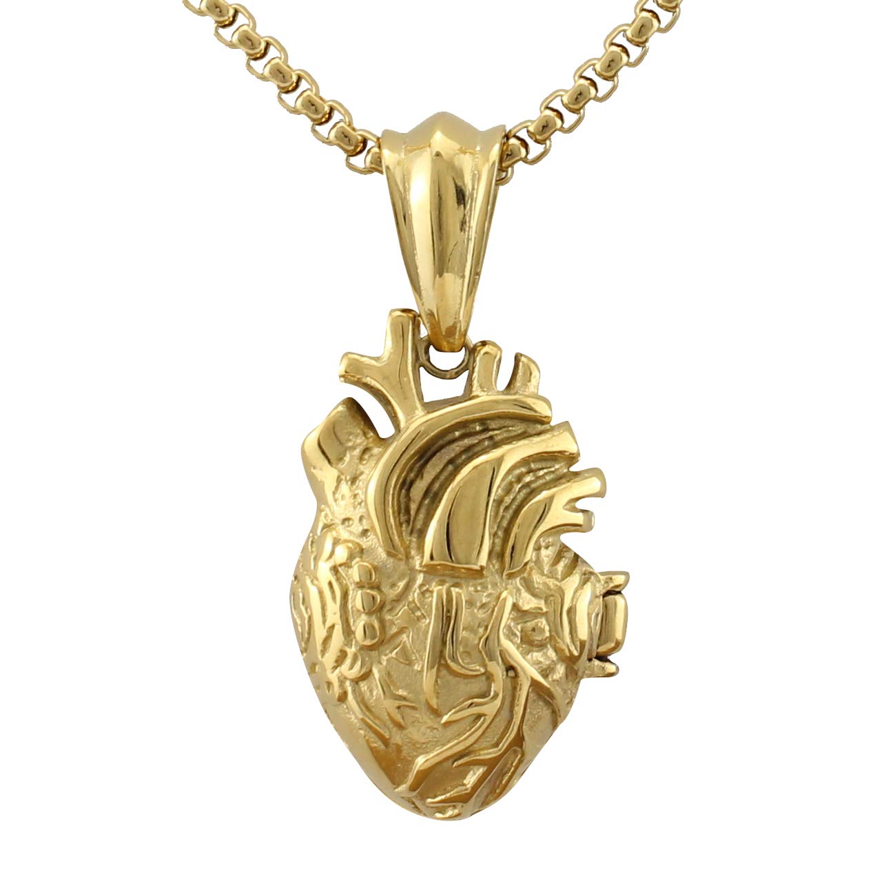 Serebra Jewelry 3D Anatomical Heart Pendant Necklace made of stainless steel in silver black gold women men unisex (gold small)