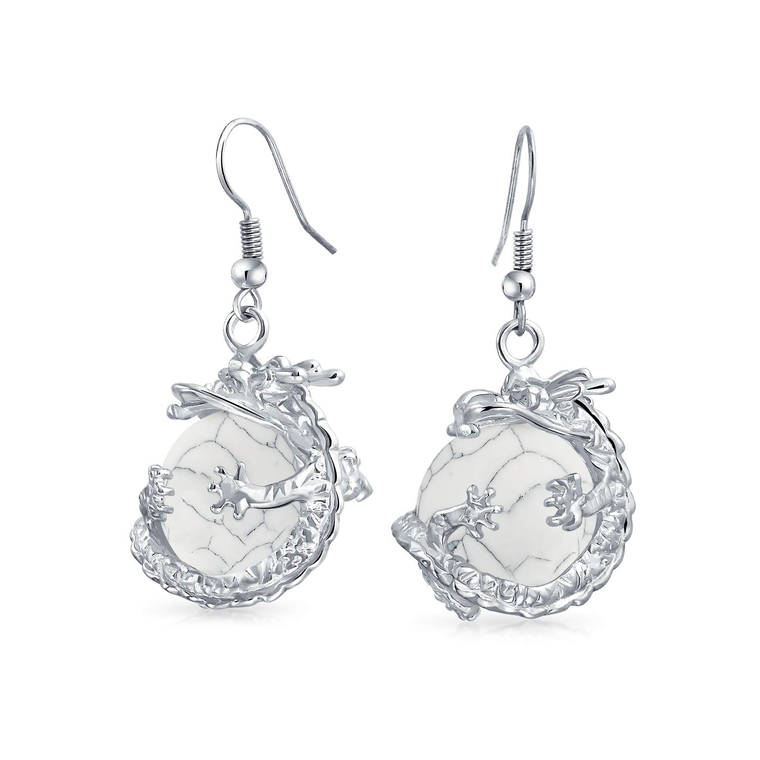 Fashion Trendy White Grey Howlite Gemstone Round Ball Dangle Wrapped Orb Chinese Asian Dragon Earrings For Women Teen