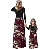 PopReal Mommy and Me Maxi Dresses Casual Floral Printed Plaid Long Sleeve with Pockets
