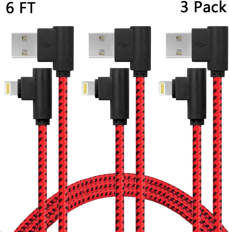 iPhone Charger Lightning Cable 3 Pack 6FT Extra Long Nylon Braided Right Angle USB