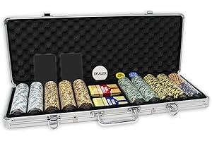 DA VINCI Monte Carlo Poker Club Set of 500 14 Gram 3 Tone Chips with Upgraded Aluminum Case, 2 Decks of Plastic Playing Cards, 2 Cut Cards, Dealer and Blind Buttons