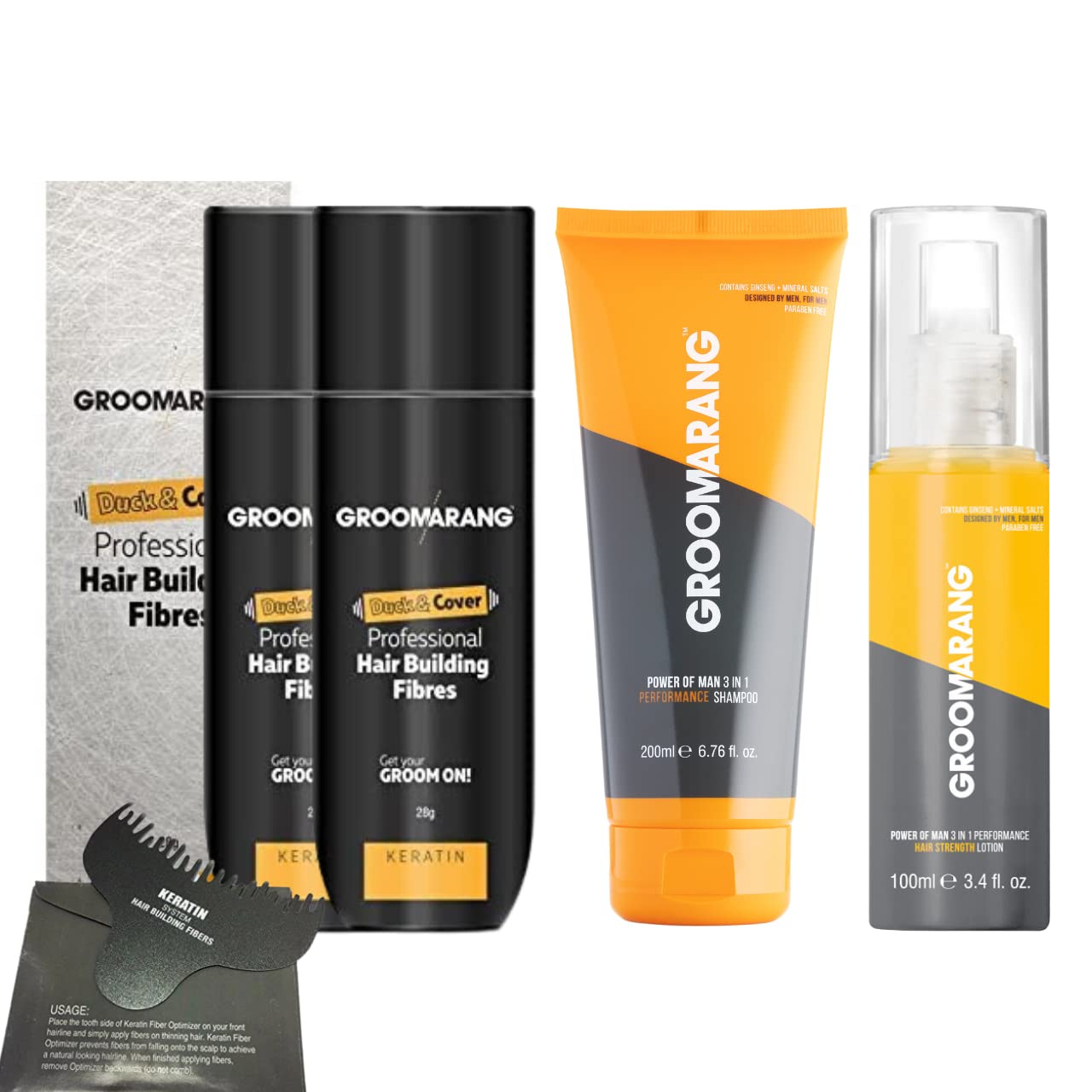 Hair Fibres X2 GROOMARANG Keratin Hair Building Fibres for Thinning Hair- Instantly Conceals Thinning Areas for Fuller Thicker Hair- Men & Women 28g + Shampoo Hair Lotion & Optimiser (Light Brown)