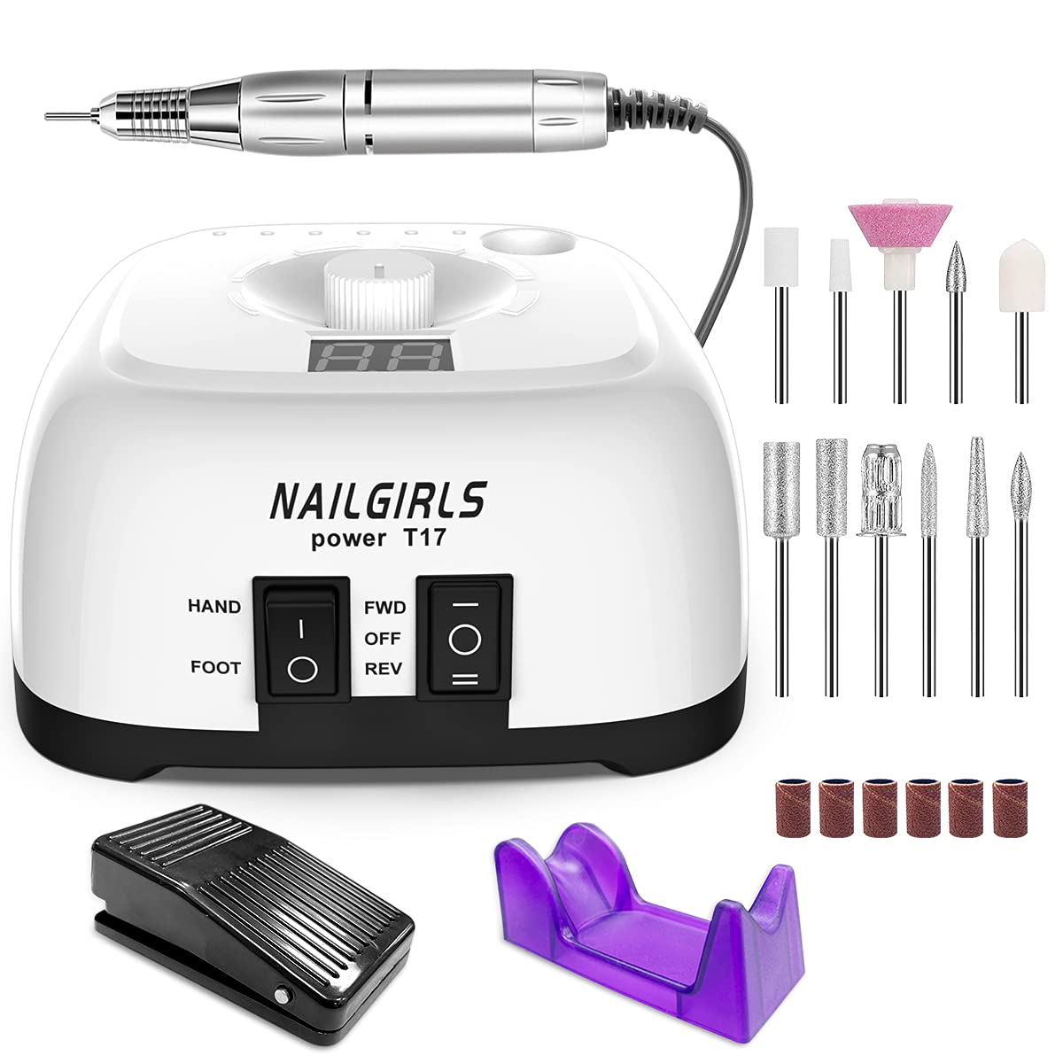 NAILGIRLS　電動ネイルマシン　11個のビット　ネイルマシン　卓上式 電動ネイルケアキット　ネイルケア　ジェルネイルケア　オフ　ネイルドリルマシン 研磨　爪磨き　甘皮処理　角質除去　正逆回転　低振動　マニキュア対応　無段階変速　手足両用　35000rpm最大　自宅サロン用商品画像