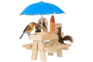 LA KEN DU,Squirrel Feeder for Outside Hanging with Umbrella-Bird Squirrel Picnic Table Feeder with String Lights(Natural Wood & Wooden Water Bowl Blue)