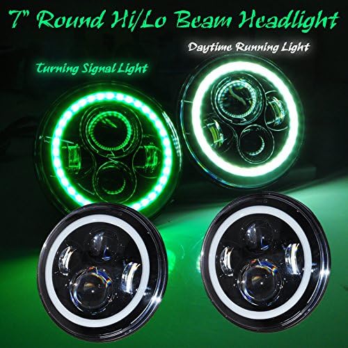Ohmu 40W 7 Inch Round White DRL and Green Turning Signal Light Halo Ring Angel Eye Osram Led Headlights Turning Signal Lights Day Running Light for Jeep Wrangler JK TJ CJ Harley Headlight DRL