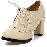 SHEMEE Retro Wingtip Oxfords for Women Chunky Block Heels Brogues Saddle Shoes Round Toe Lace Up Pumps Thick High Heeled Ankle Booties