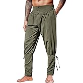 Runcati Mens Medieval Ankle Pants Renaissance Viking Pirate Lace Up Tapered Halloween Linen Costume Trousers