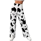 HBER Cow Print Fuzzy Pajamas Pants for Women Elastic High Waist Casual Fluffy Sherpa Fleece Warm Lounge Long Pants