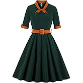 IWEMEK Women Short Half Sleeve Sailor Tie Neck 1940 Vintage Dress Audrey Hepburn Rockabilly Cocktail Swing Dress 1950s Tea Party Dress with Adjustable Belt Summer Wedding Formal Evening Gown Green L