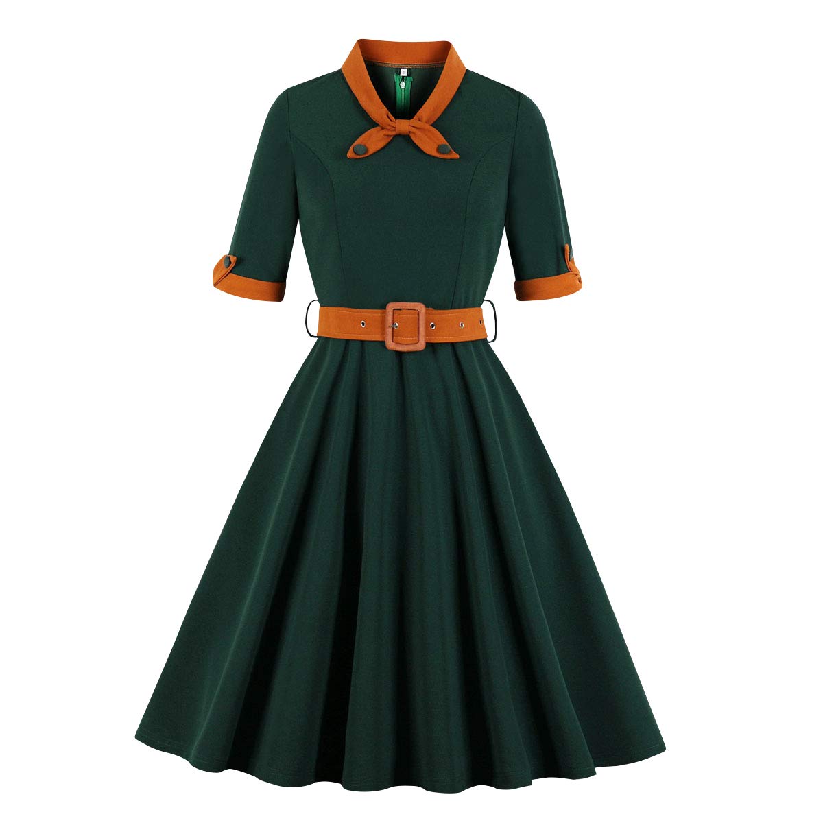 Photo 1 of 1950s Dresses for Women 50s Style Audrey Hepburn Vintage 1940s Rockabilly Retro Short Sleeve Tie Summer A Line Swing Midi Skater Dress Cocktail Party Evening Prom Gown Plus Size Green M