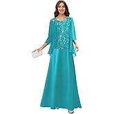 Ayettach 2 Piece Chiffon Mother of Brides Dress with Jacket 3/4 Sleeve Lace Applique Formal Evening Gowns