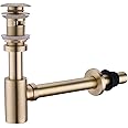 GORDEE Bathroom Sink Stopper P-Trap Complete Set Adjustable Bottle Trap Solid Brass Sink Drain Kit Tube and Pop Up Drain Stopper Set with Overflow, Brushed Gold